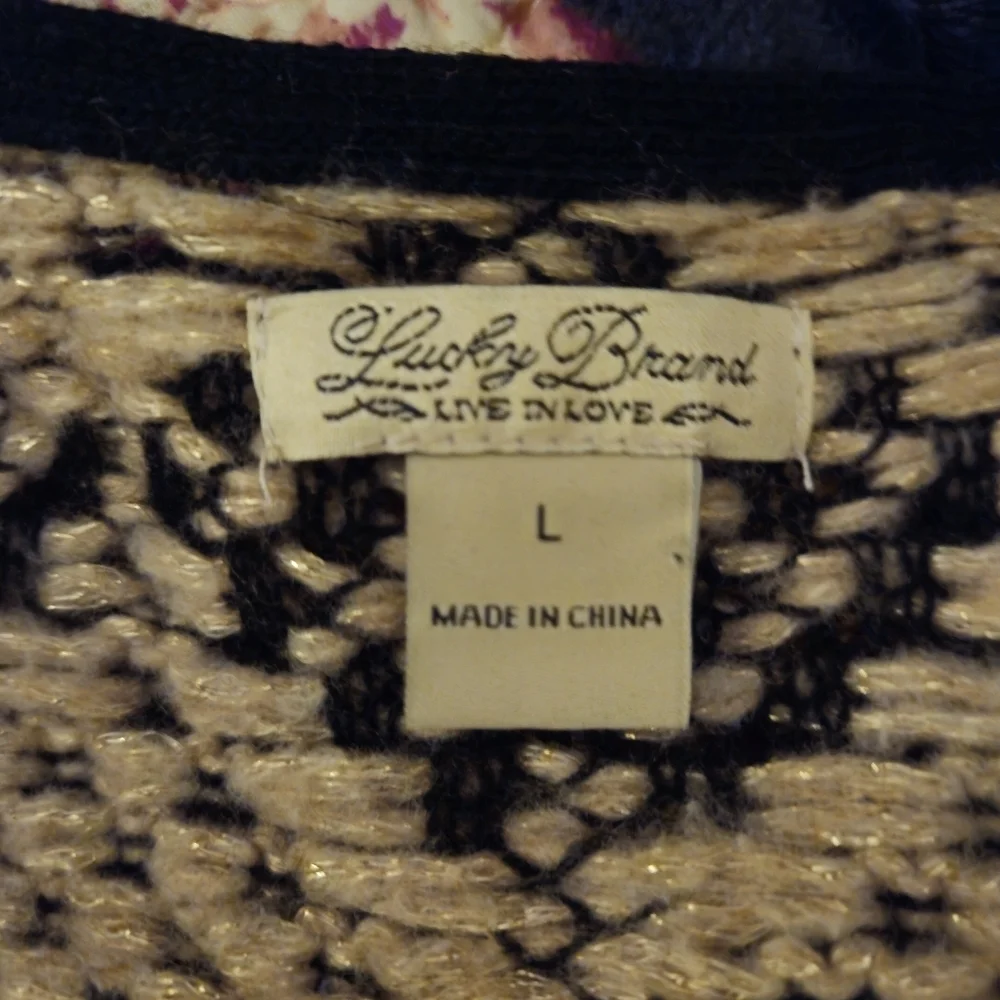 Lucky Brand Black Tan and Gold Patterned Cardigan, Sz L, Button - Picture 4 of 5